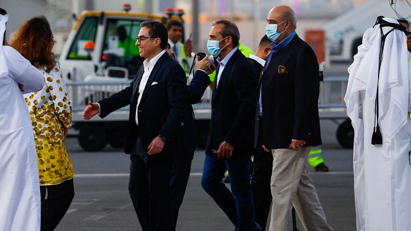 U.S. citizens Siamak Namazi (2L), Emad Sharqi (C) and Morad Tahbaz (R) are greeted upon their arrival at the Doha International Airport in Doha, September 18, 2023. /CFP