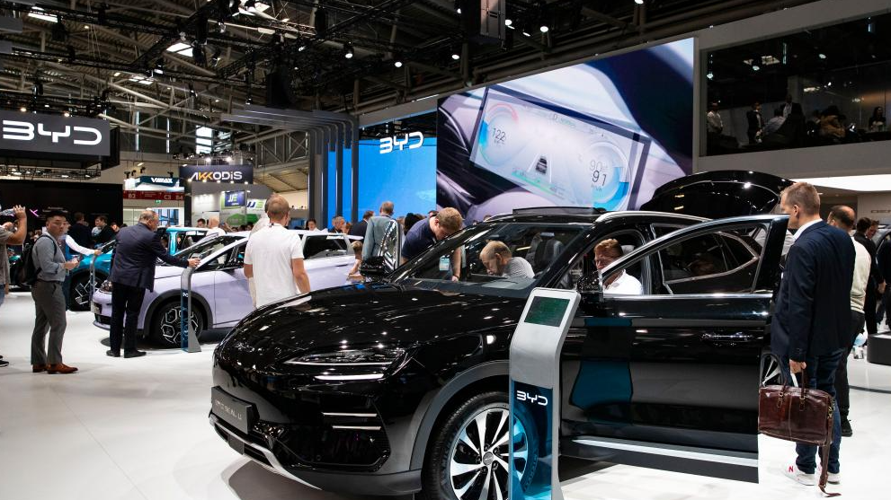 People visit the booth of Chinese carmaker BYD during the 2023 International Motor Show, officially known as the IAA MOBILITY 2023, in Munich, Germany, September 5, 2023. /Xinhua