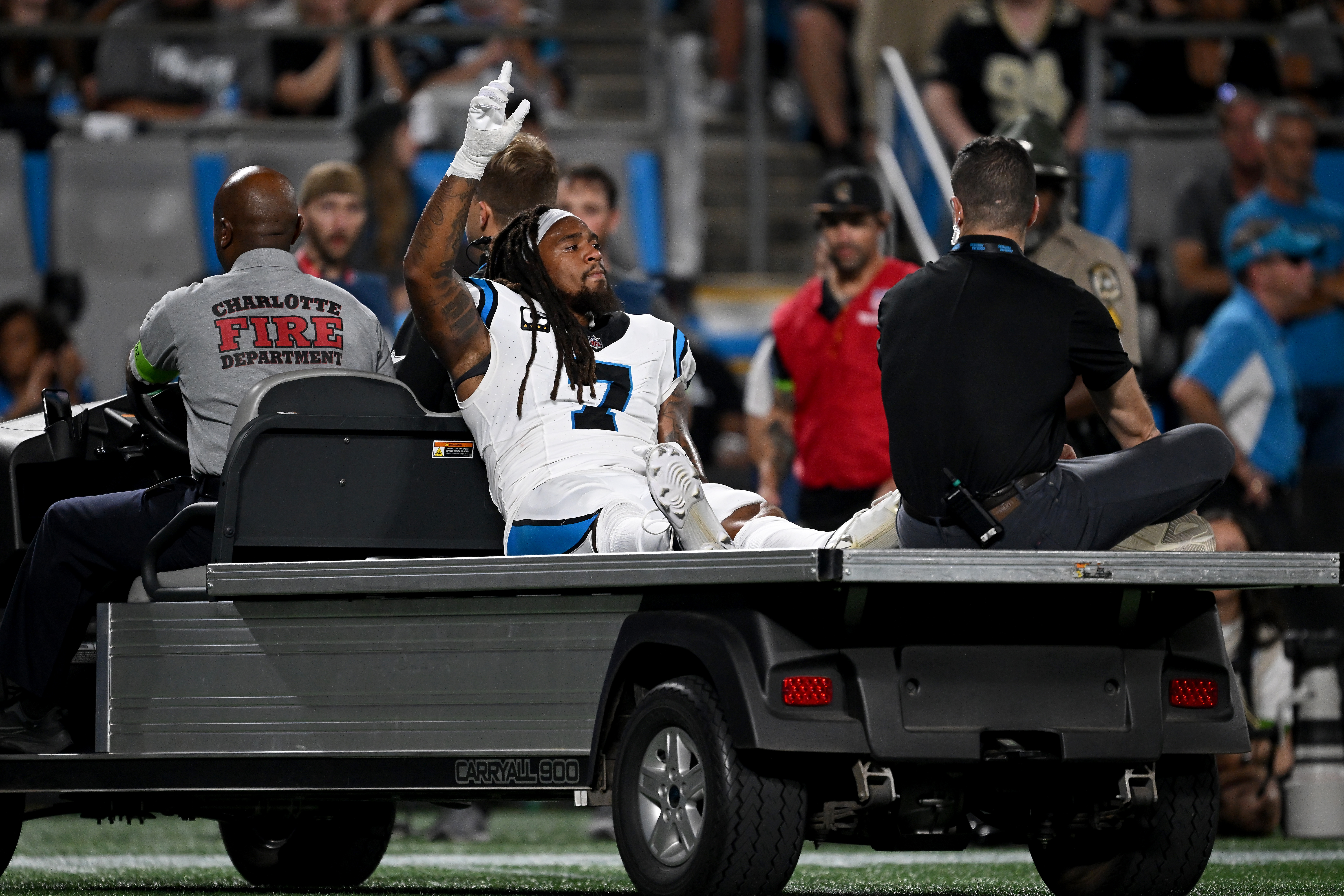 Ouside linebacker Shaq Thompson of the Carolina Panthers is carted off the field during the game against the New Orleans Saints at Bank of America Stadium in Charlotte, North Carolina, September 18, 2023. /CFP