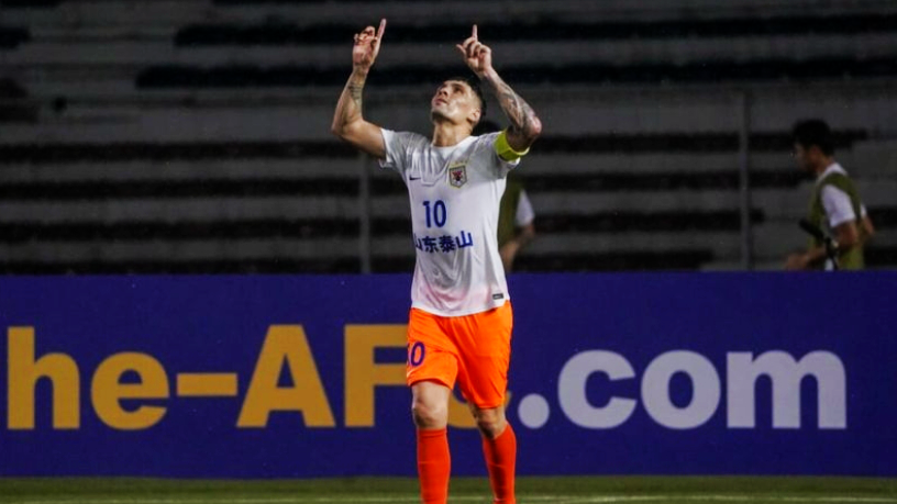 Shandong Taishan's Moises Magalhaes reacts after scoring during their Asian Champions League clash with Kaya FC-Iloilo at the Rizal Memorial Stadium in Manila, Philippines, September 19, 2023. /CFP