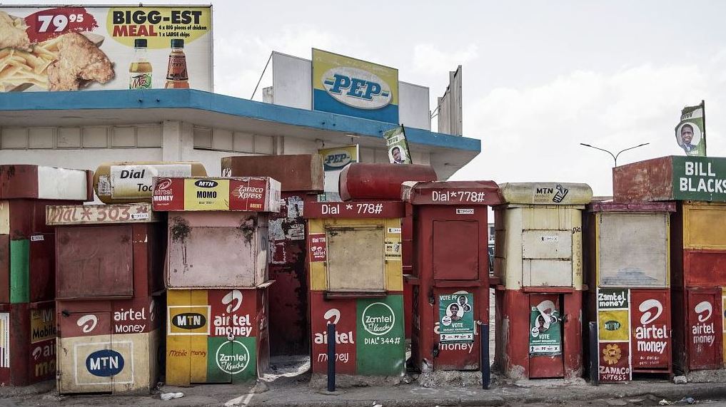 A photograph shows closed airtime and data vending booths in Lusaka, Zambia, August 15, 2021. /CFP