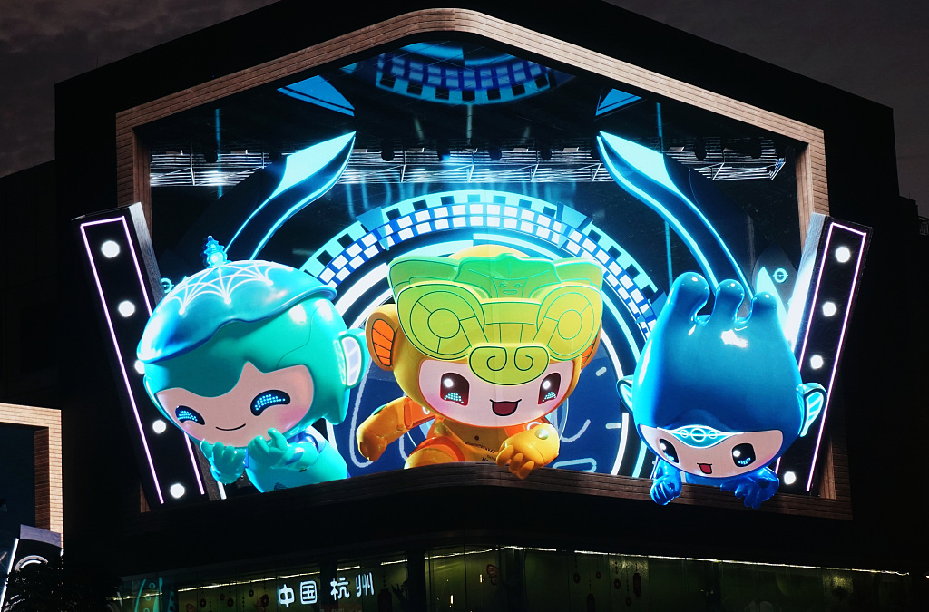 A photo taken on September 20, 2023 shows a 3D image of the 19th Asian Games mascots making appearance on the streets of Hangzhou, Zhejiang Province. /CFP