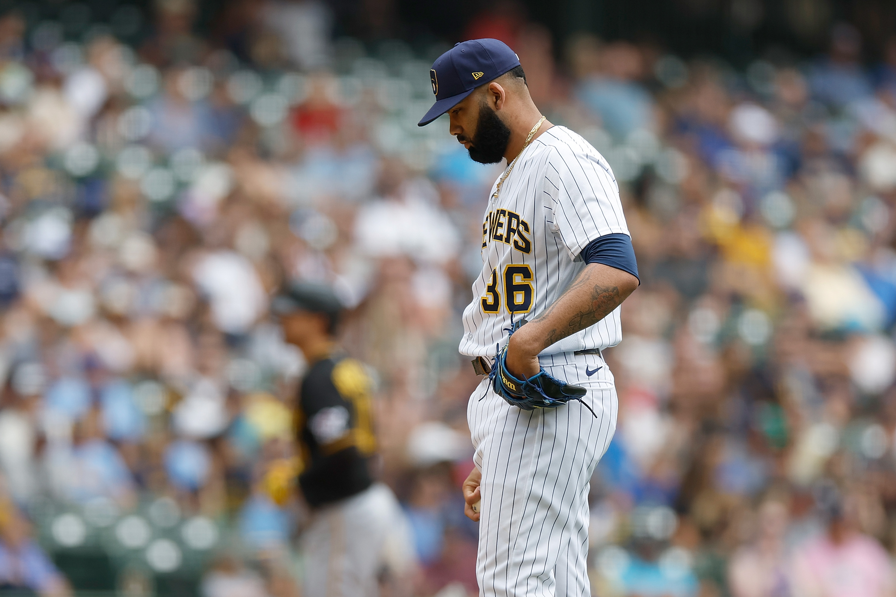 J.C. Mejia of the Milwaukee Bucks looks on during the eighth inning in the game against the Pittsburgh Pirates at American Family Field in Milwaukee, Wisconsin, August 6, 2023. /CFP 