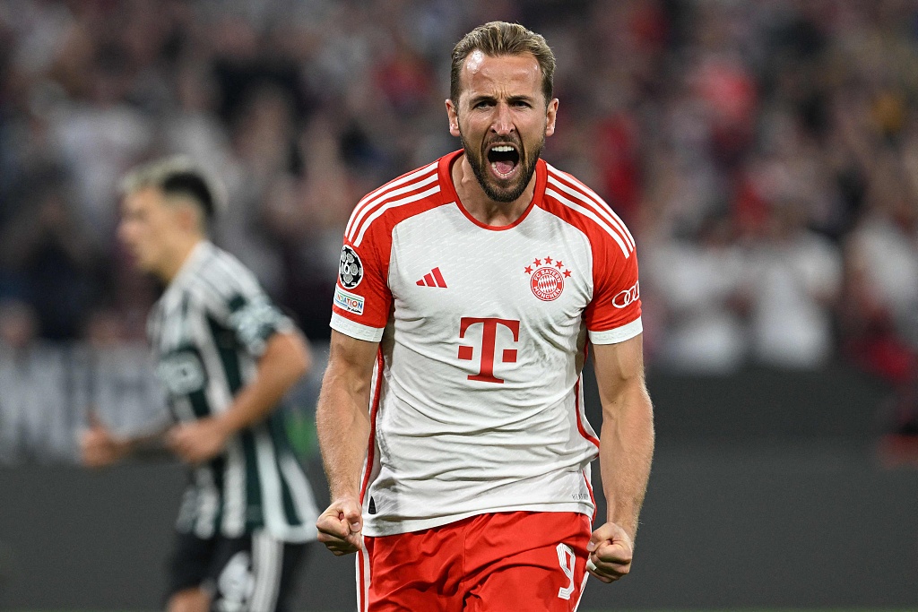 Harry Kane of Bayern Munich celebrates after scoring a goal in the UEFA Champions League group game against Manchester United at Allianz Arena in Munich, Germany, September 20, 2023. /CFP