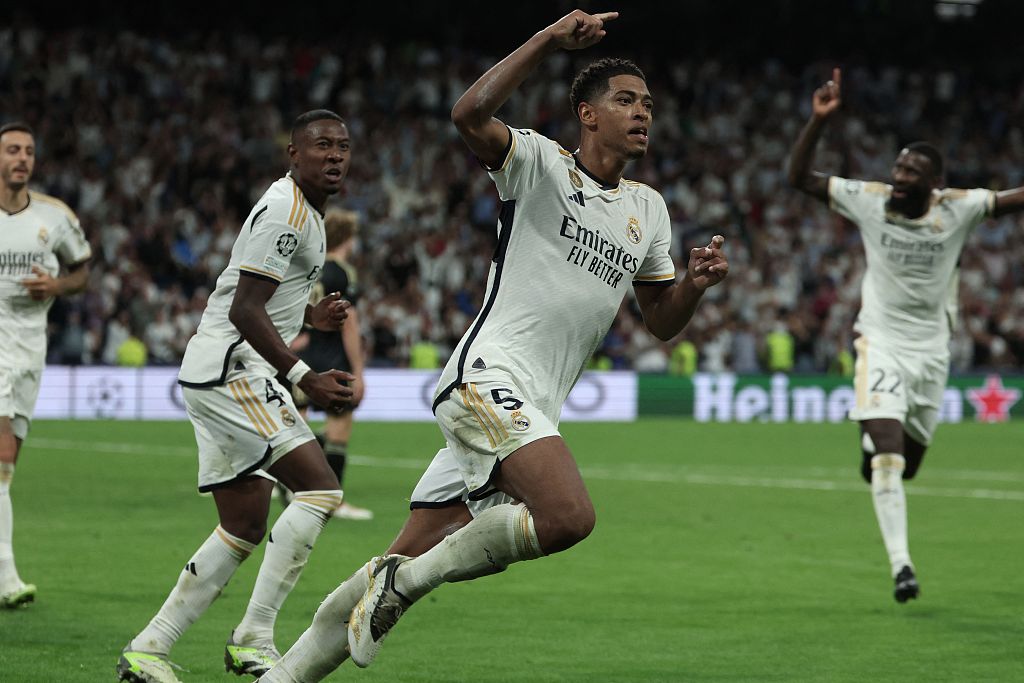 Jude Bellingham (#5) celebrates after scoring Read Madrid's first goal against Union Berlin during their Champions League Group C match at the Santiago Bernabeu stadium in Madrid, Spain, September 20, 2023. /CFP