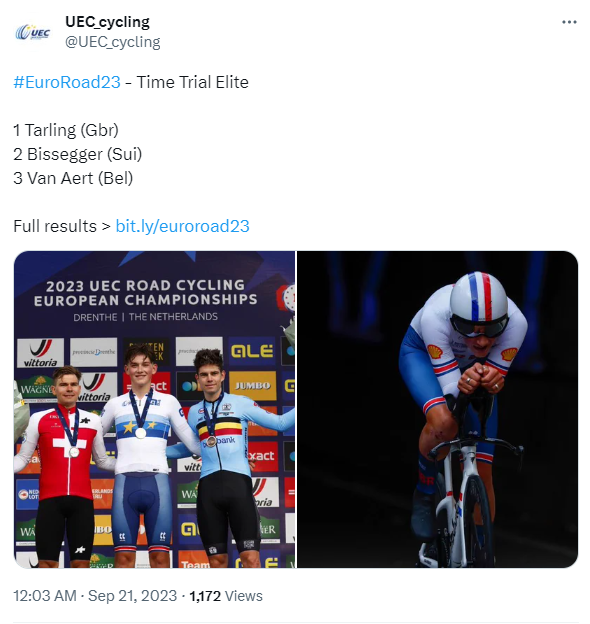 UEC's tweet on September 20 about results of the men's elite individual time trial at the European cycling championships. /@UEC_cycling