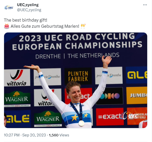 UEC's tweet on September 20 about Marlen Reusser. /@UEC_cycling