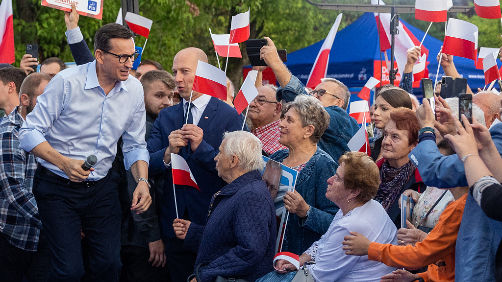 Polish Prime Minister Mateusz Morawiecki during a campaign meeting of the Law and Justice party ahead of parliamentary elections, Otwock, Poland, September 19, 2023. /CFP