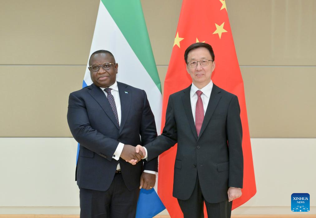 Chinese Vice President Han Zheng meets with Sierra Leonean President Julius Maada Bio on the sidelines of the UN General Assembly in New York, September 21, 2023. /Xinhua