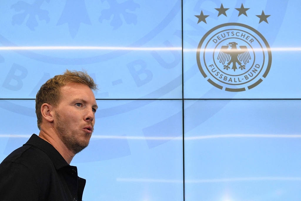 German coach Julian Nagelsmann arrives at a press conference at the DFB headquarters in Frankfurt, Germany, September 22, 2023. /CFP