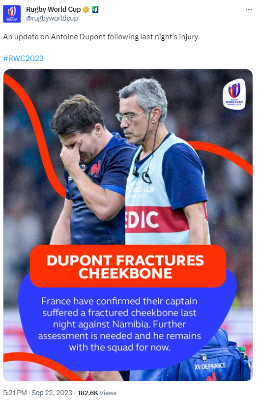 Rugby World Cup's tweet on September 22 about Antoine Dupont. /@rugbyworldcup