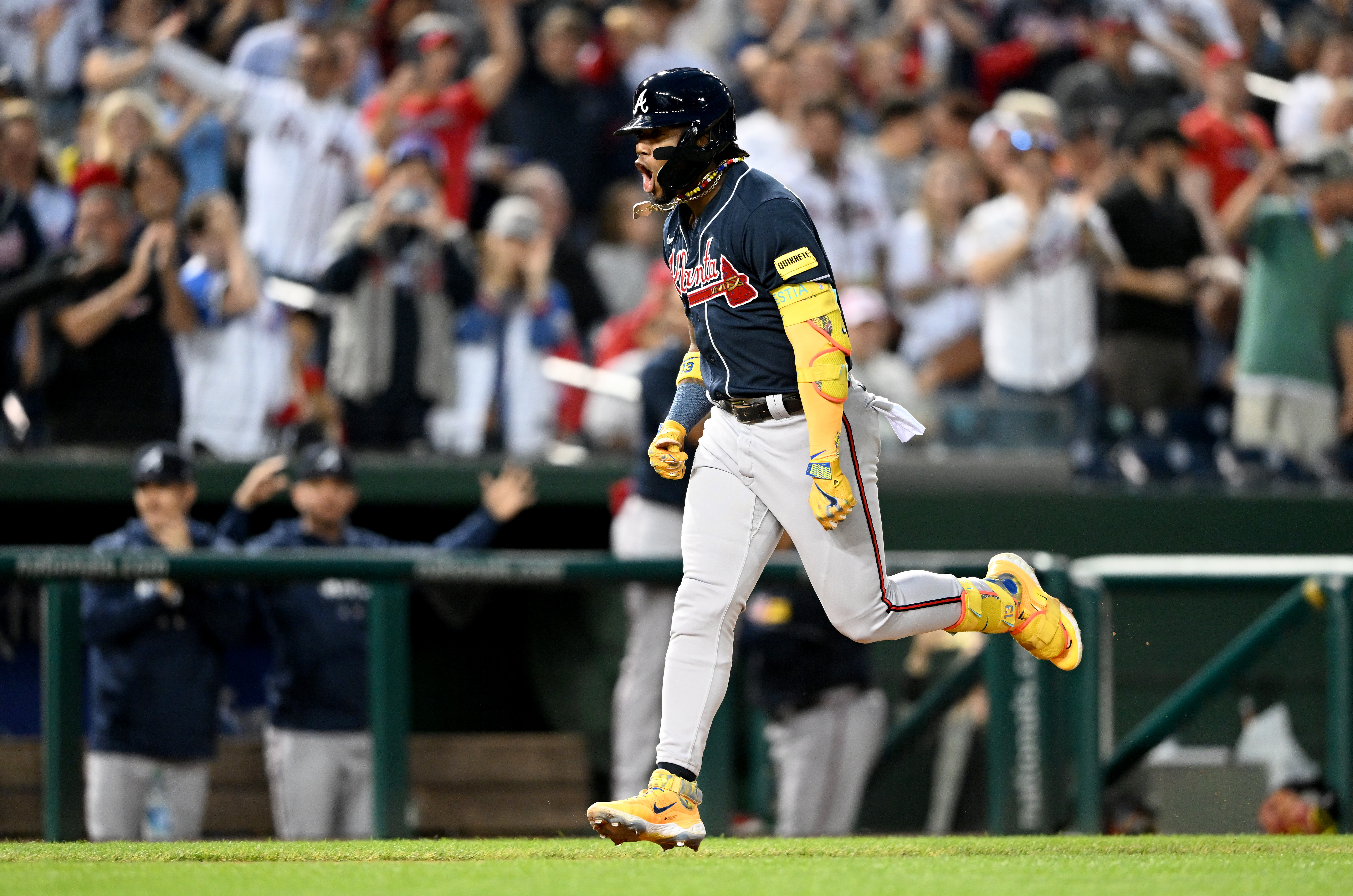 Ronald Acuna Jr. of the Atlanta Braves celebrates after hitting a home run during the first inning in the game against the Washington Nationals at Nationals Park in Washington, D.C., September 22, 2023. /CFP