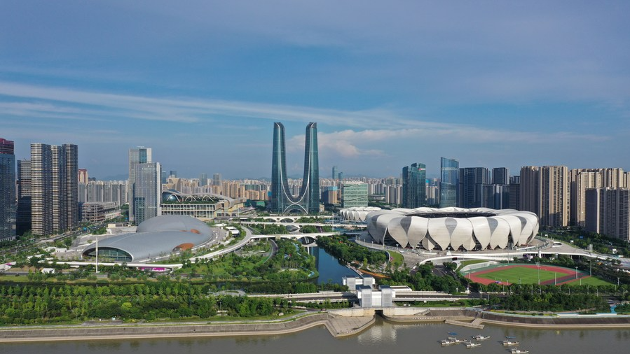 Aerial photo shows the Hangzhou Olympic Sports Center in Hangzhou, east China's Zhejiang Province, June 28, 2023. /Xinhua
