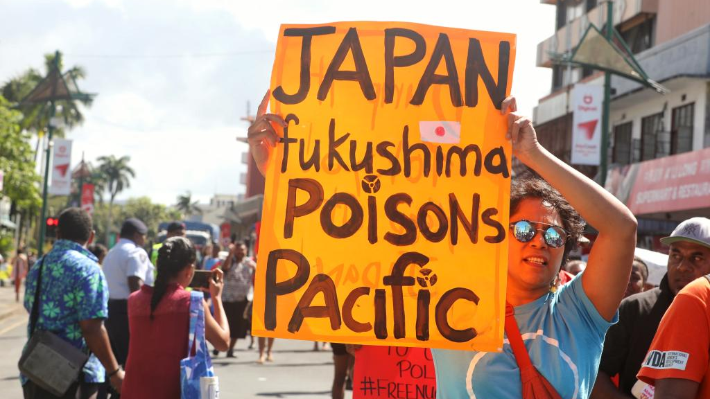 People attend a rally against Japan's dumping of nuclear wastewater in Suva, Fiji, August 25, 2023. /Xinhua
