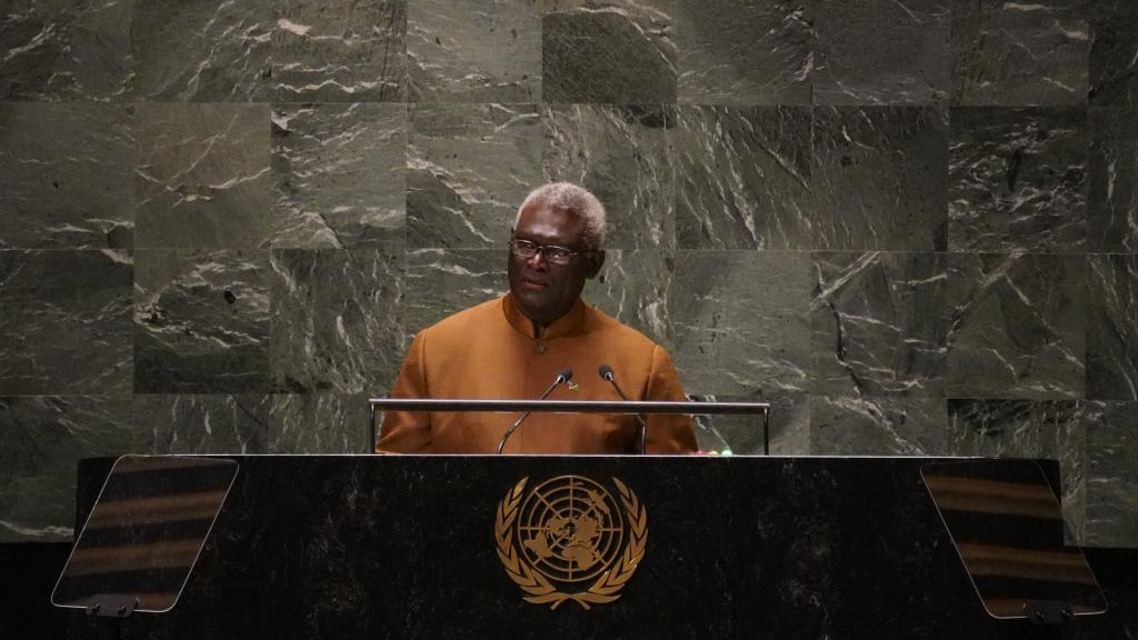 Prime Minister of the Solomon Islands Manasseh Sogavare delivers a speech at the General Debate of the 78th session of the UN General Assembly at the UN headquarters in New York, September 22, 2023. /Xinhua