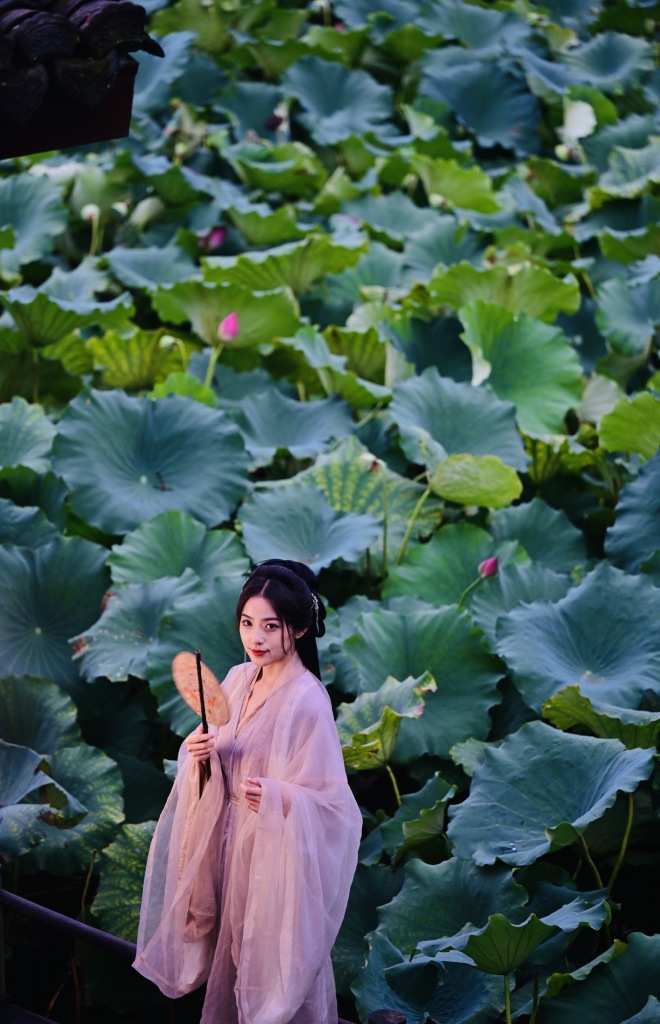 A visitor dressed in hanfu outfits poses for photos at the West Lake scenic area in Hangzhou, east China's Zhejiang Province, August 18, 2023. /CFP