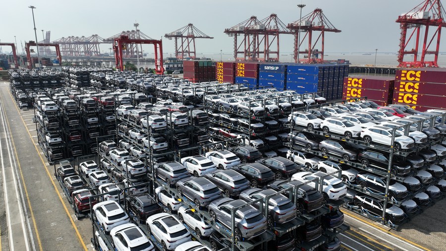 New energy vehicles for export at a terminal of Taicang Port in east China's Jiangsu Province, July 11, 2023. /Xinhua