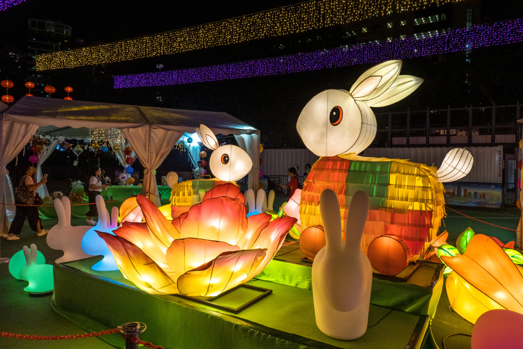Colorful lanterns featuring various designs are photographed at Victoria Park in Hong Kong on September 23, 2023. /CFP