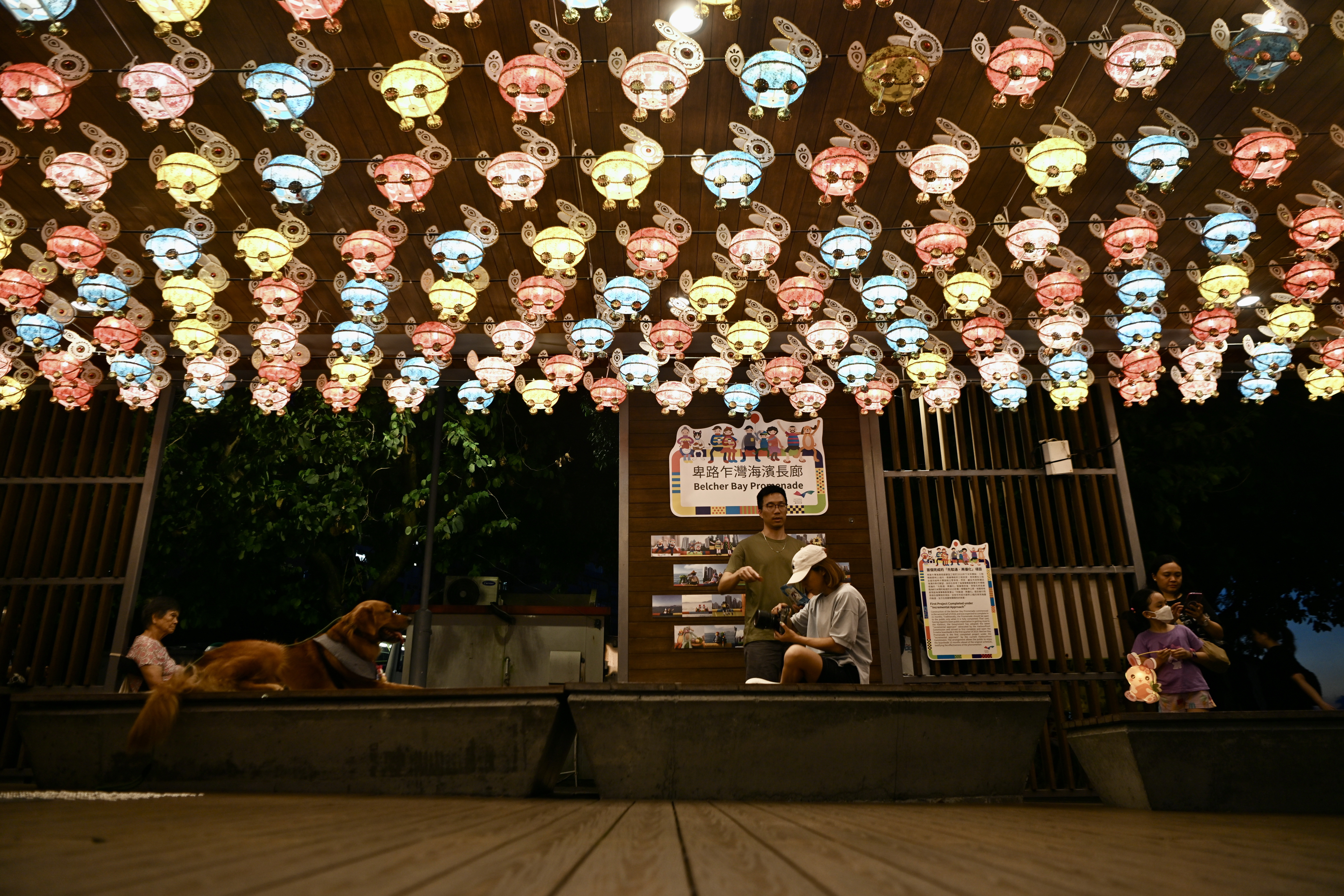Residents enjoy the glow of rabbit-shaped lanterns at the Kennedy Town promenade on September 25, 2023 in Hong Kong. /IC