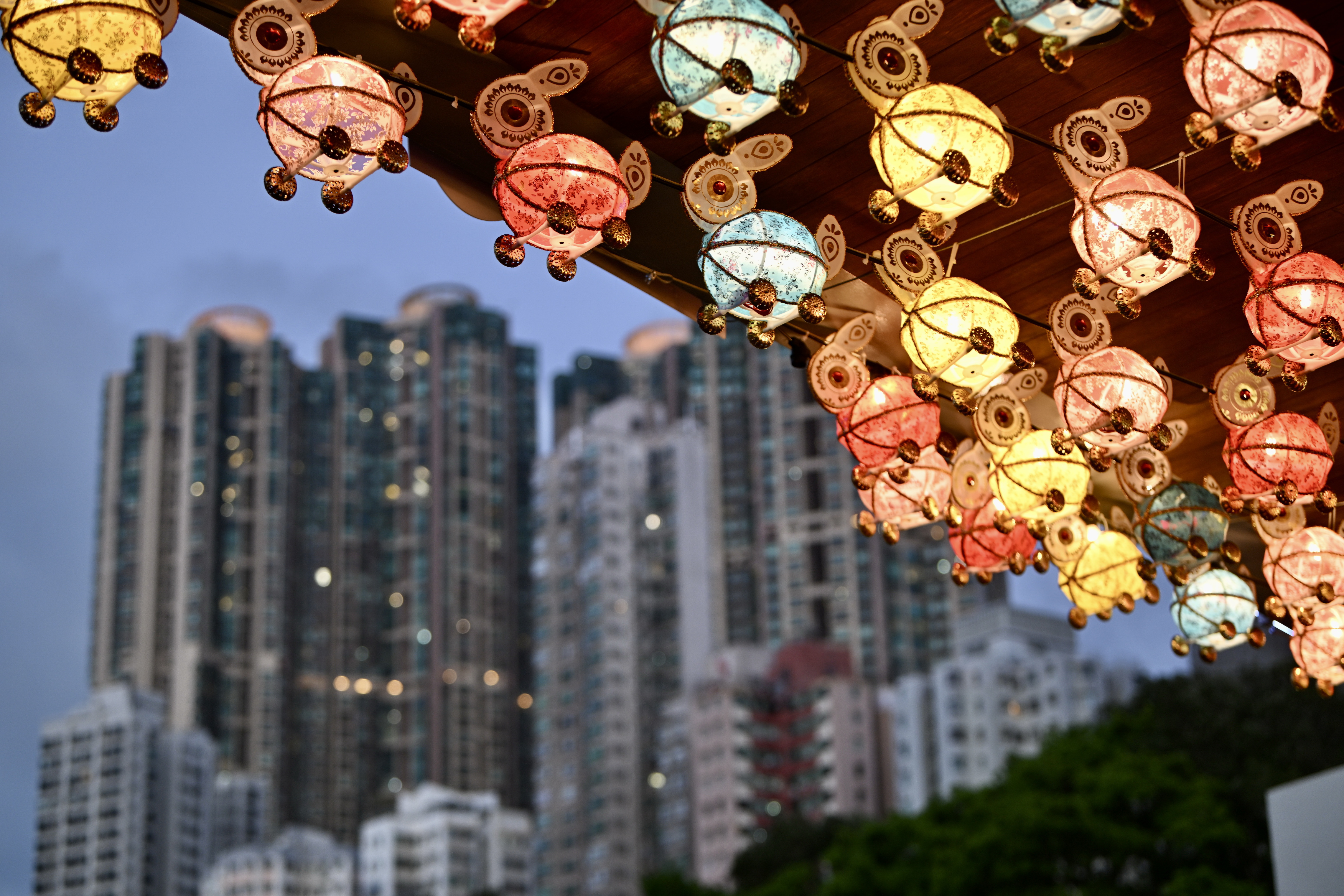 Rabbit-shaped lanterns light up the evening view at the Kennedy Town promenade on September 25, 2023 in Hong Kong. /IC
