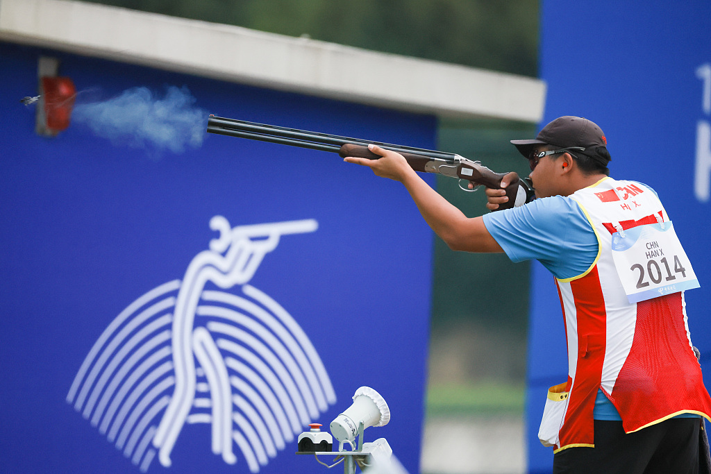 Han Xu of China competes in the shooting men's skeet team event during the 19th Asian Games in Hangzhou, China, September 27, 2023. /CFP