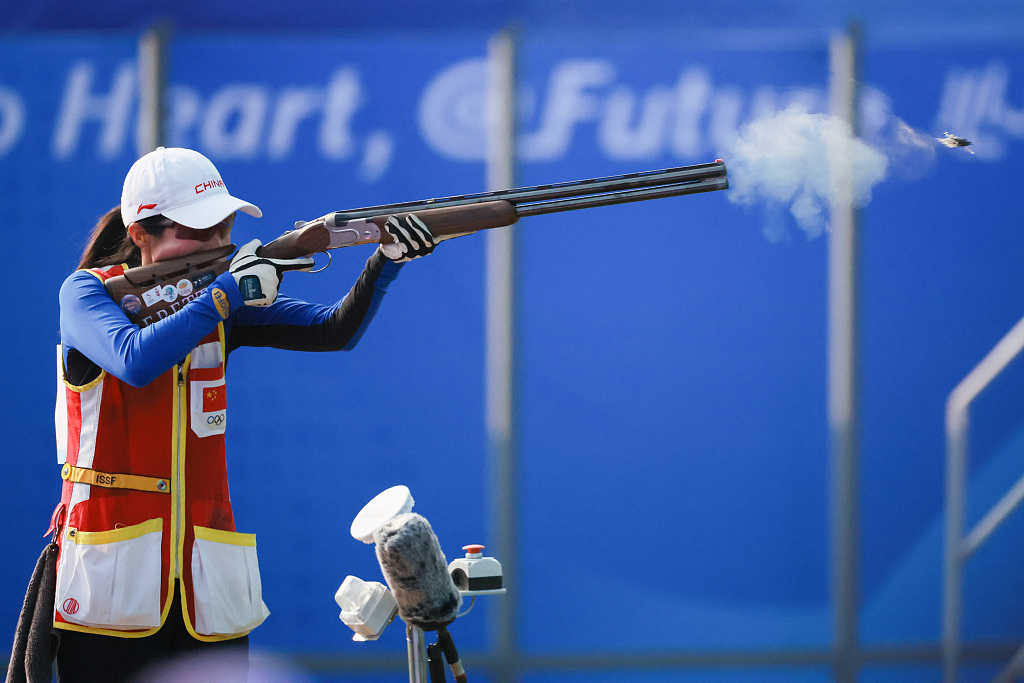 Jiang Yiting of China competes on her way to winning the shooting skeet final during the 19th Asian Games in Hangzhou, China, September 27, 2023. /CFP