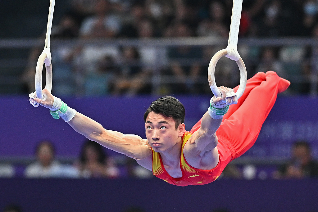 Lan Xingyu of China competes on his way to winning the artistic gymnastics men's rings final during the 19th Asian Games in Hangzhou, China, September 28, 2023. /CFP