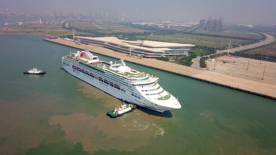 An aerial view of a Liberian cruise ship berthing at a port in north China's Tianjin Municipality, July 8, 2023. /Xinhua