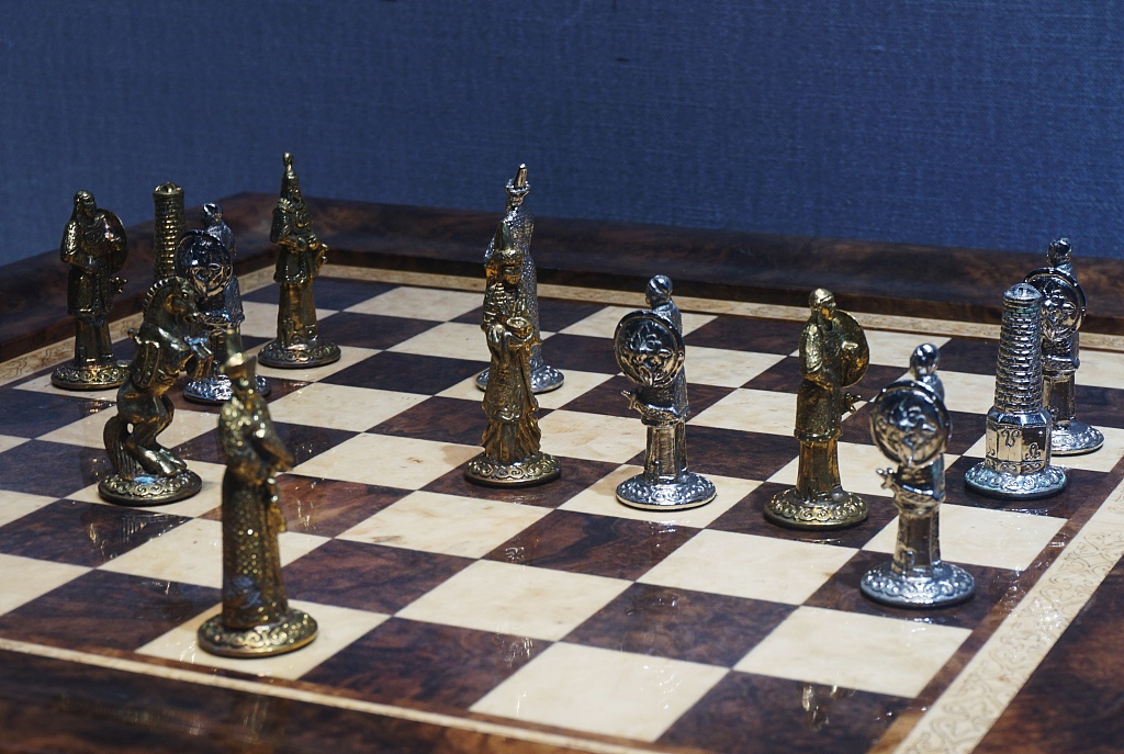 A chess set from Kyrgyzstan is on display on September 27, 2023 at the Zhejiang Provincial Museum in Hangzhou, Zhejiang. /CFP