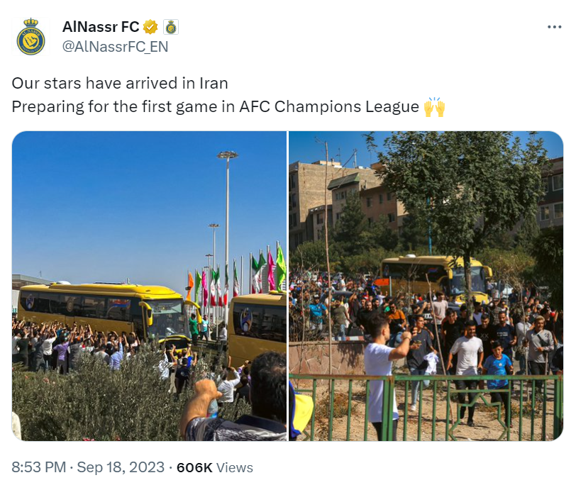 Screenshot of a post by Al-Nassr FC showing Iranian fans welcoming its team bus in Tehran, September 18, 2023. /@AlNassrFC_EN
