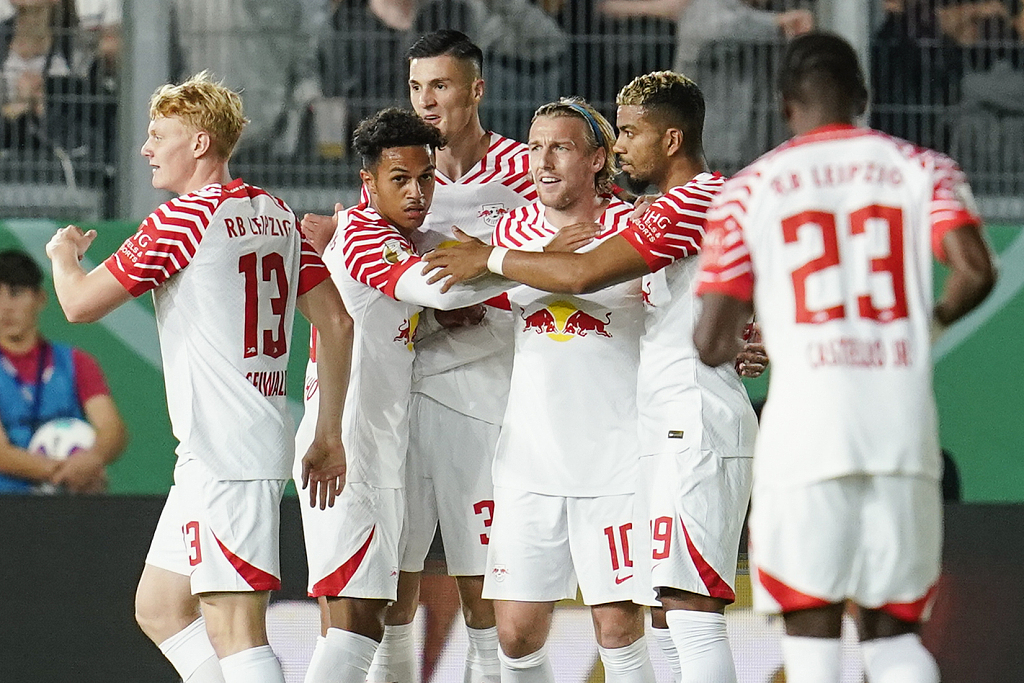 Players of RB Leipzig celebrate after scoring a goal in the DFB-Pokal game against Wehen Wiesbaden at BRITA-Arena in Wiesbaden, Germany, September 27, 2023. /CFP 