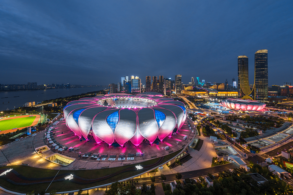Night view of the Hangzhou Olympic Sports Center, Zhejiang Province, September 25, 2023. /CFP