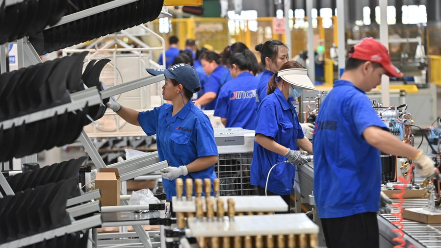 Employees work on the production line of an electrical equipment company in Liuzhou City, south China's Guangxi Zhuang Autonomous Region, September 21, 2023. /Xinhua