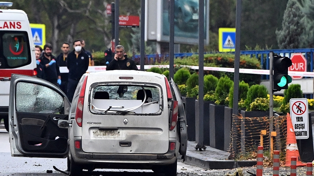 A damaged vehicle, which was used by two terrorists to carry out an attack near the Turkish Interior Ministry in Ankara, October 1, 2023. /CFP