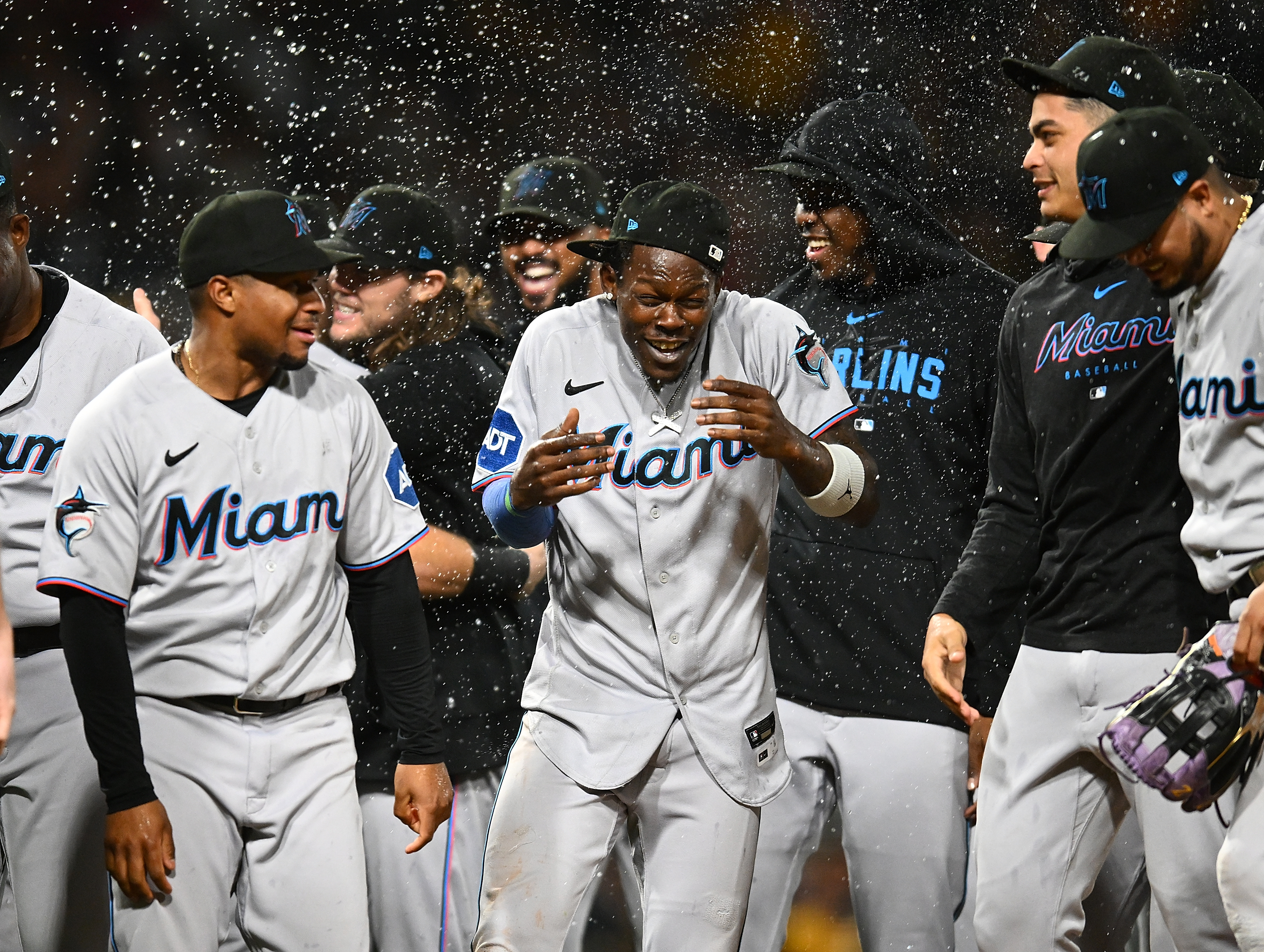 The players of the Miami Marlins celebrate their 7-3 win over the Pittsburgh Pirates at PNC Park in Pittsburgh, Pennsylvania, September 30, 2023. /CFP
