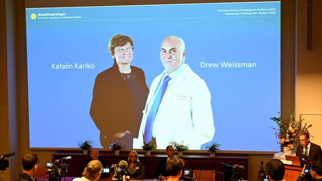 Katalin Kariko and Drew Weissman win the 2023 Nobel Prize in Physiology or Medicine at the Karolinska Institute in Stockholm, Sweden, October 2, 2023.