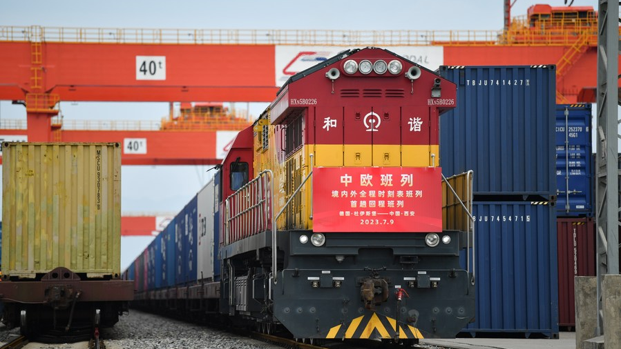A China-Europe freight train departed from Duisburg of Germany arrives at Xi'an International Port in Xi'an, northwest China's Shaanxi Province, July 10, 2023. /Xinhua