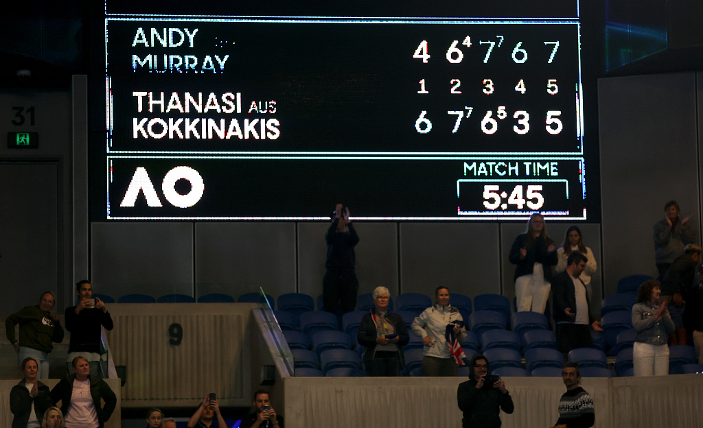 A scoreboard shows the match time of five hours and 45 minutes after five sets between Andy Murray of Britain and Thanasi Kokkinakis of Australia during the Australian Open at Melbourne Park in Melbourne, Australia, January 19, 2023. /CFP