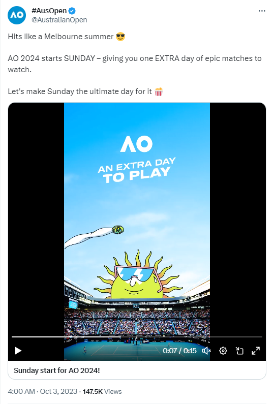Australian Open's tweet on October 3 about adding an extra day in the 2024 tournament. /@Australian Open