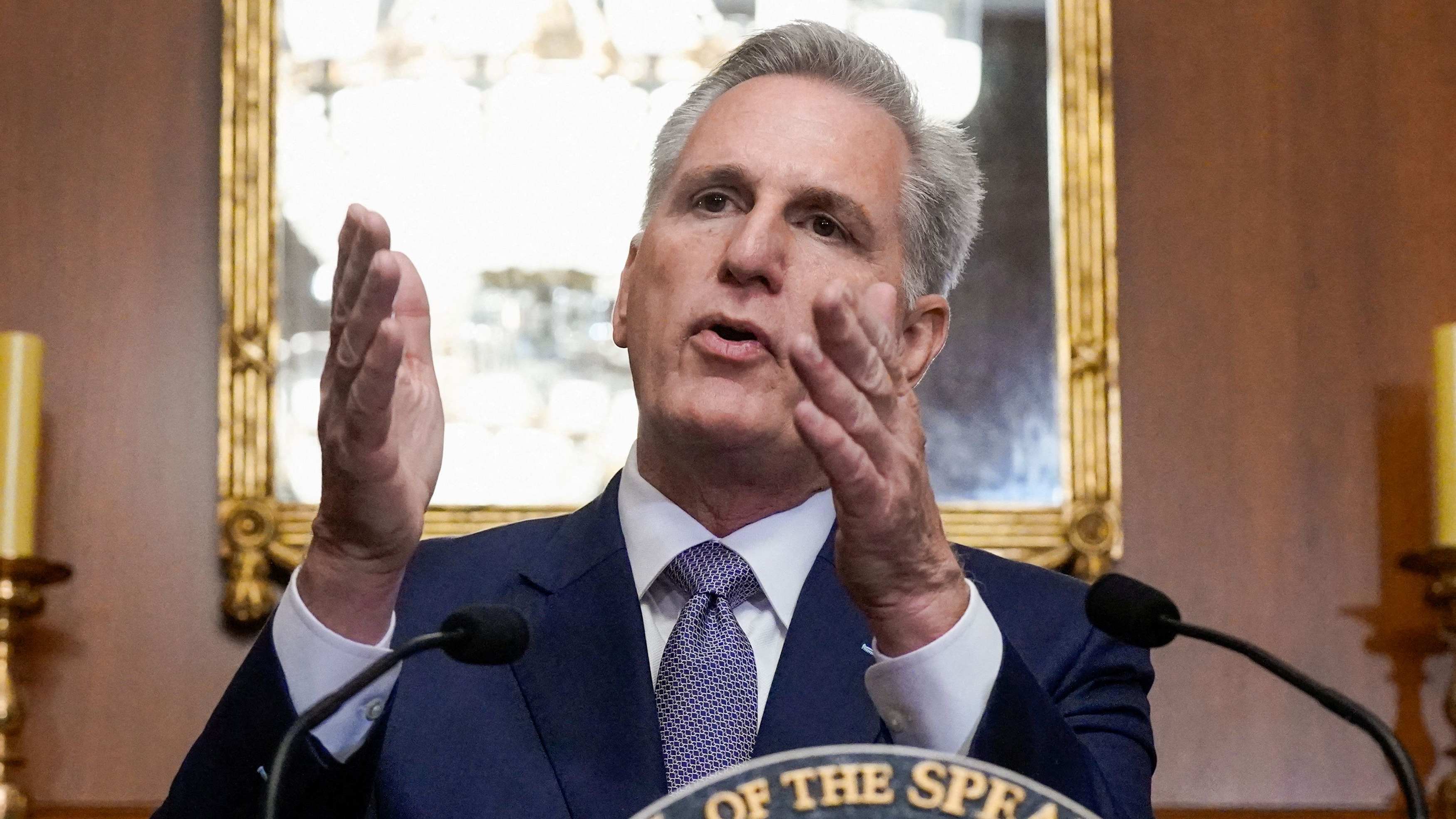 Kevin McCarthy speaks to reporters in the U.S. Capitol after the House of Representatives passed a stopgap government funding bill to avert an immediate government shutdown, on Capitol Hill in Washington, U.S., September 30, 2023. /Reuters