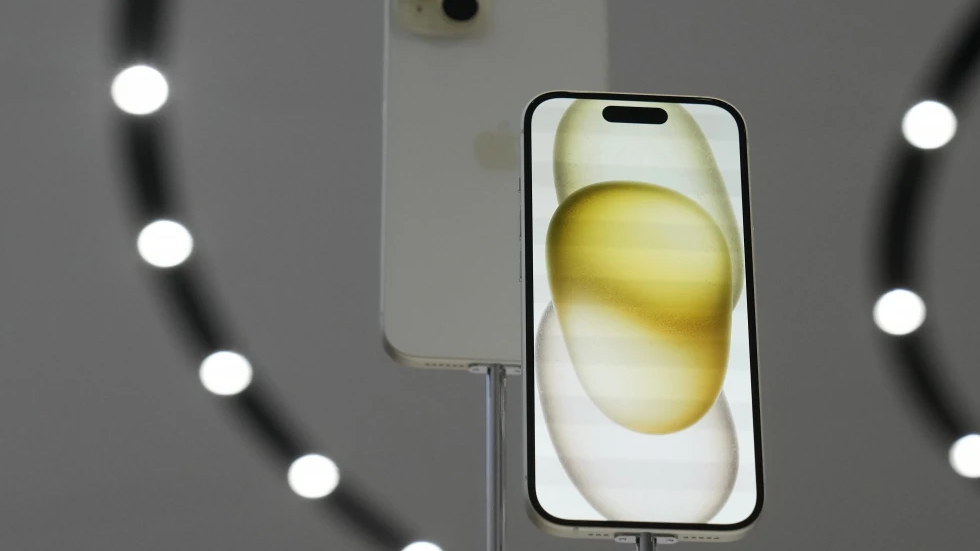 The iPhone 15 phones are shown during an announcement of new products on the Apple campus in Cupertino, California, U.S., September 12, 2023. /AP