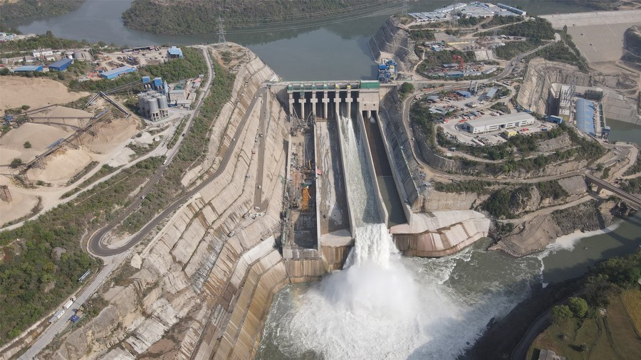 Aerial photo of the Karot Hydropower Project, the first hydropower investment project under the CPEC in Punjab province, eastern Pakistan, April 9, 2022. /Xinhua