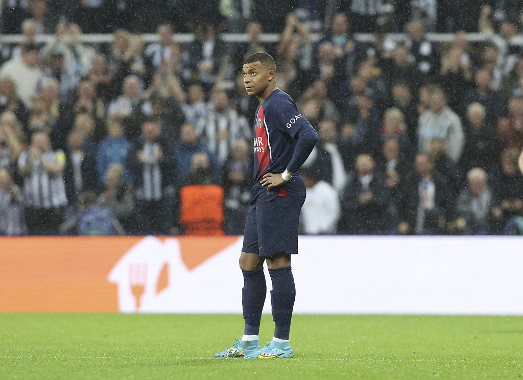 Kylian Mbappe of Paris Saint-Germain looks on in the UEFA Champions League game against Newcastle United at St James' Park in Newcastle, England, October 4, 2023. /CFP