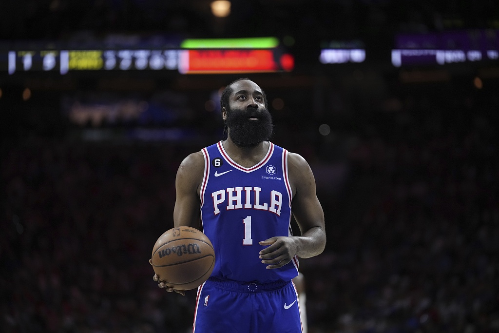 James Harden of the Philadelphia 76ers prepares to shoot a free throw in game six of the NBA Eastern Conference semifinals against the Boston Celtics at Wells Fargo Center in Philadelphia, Pennsylvania, May 11, 2023. /CFP