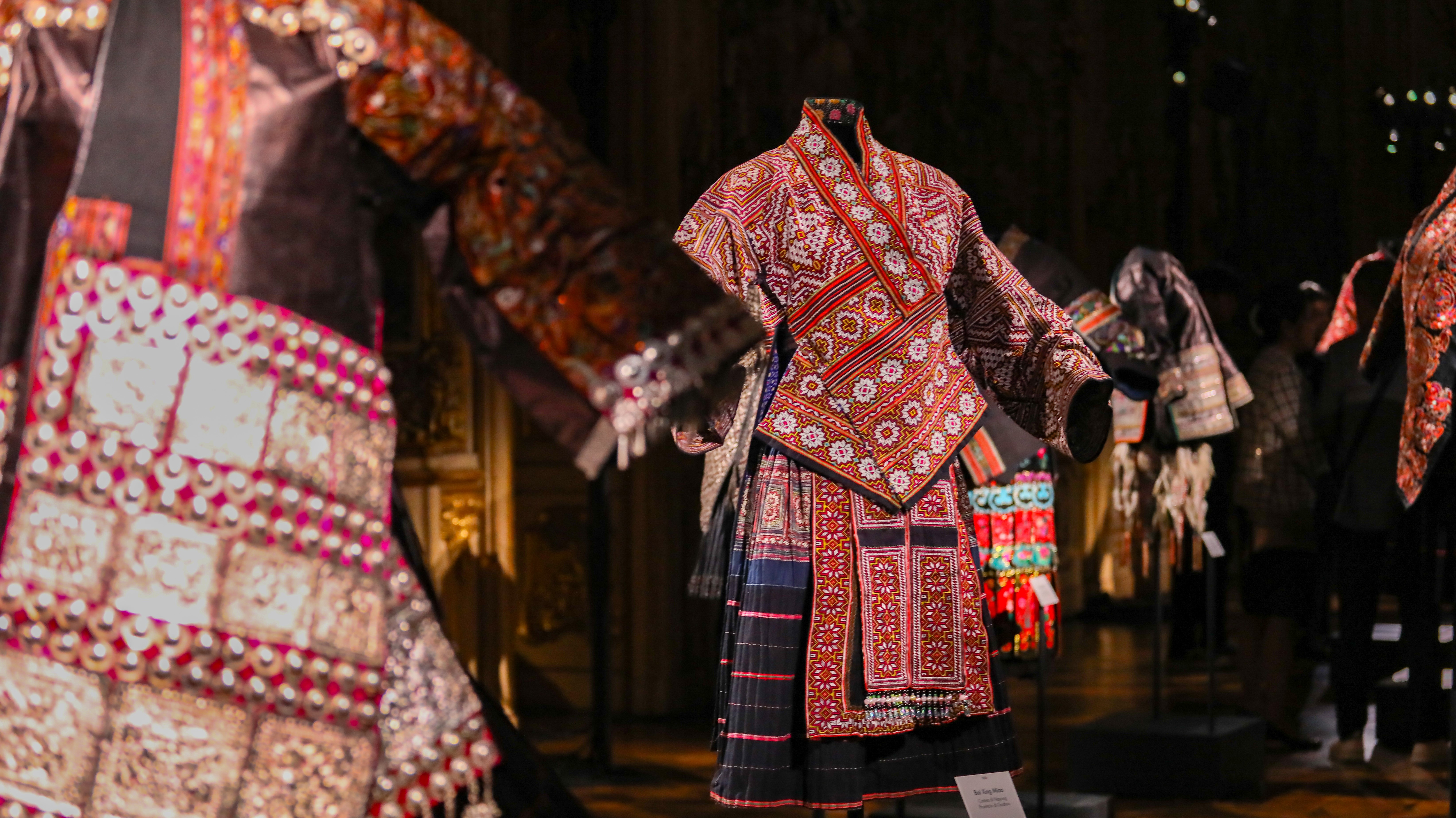 Costumes of the Miao ethnic group from southwest China's Guizhou Province are on display at an exhibition in Milan. /CGTN
