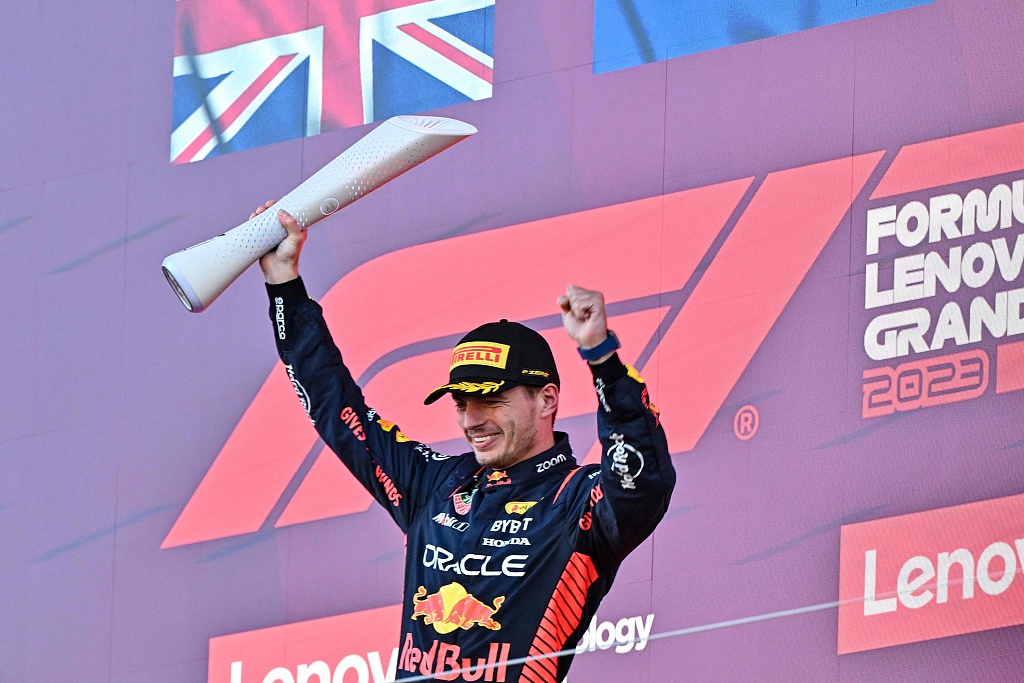 Max Verstappen of Red Bull Racing celebrates after winning the F1 Japanese Grand Prix in Suzuka, Japan, September 24, 2023. /CFP