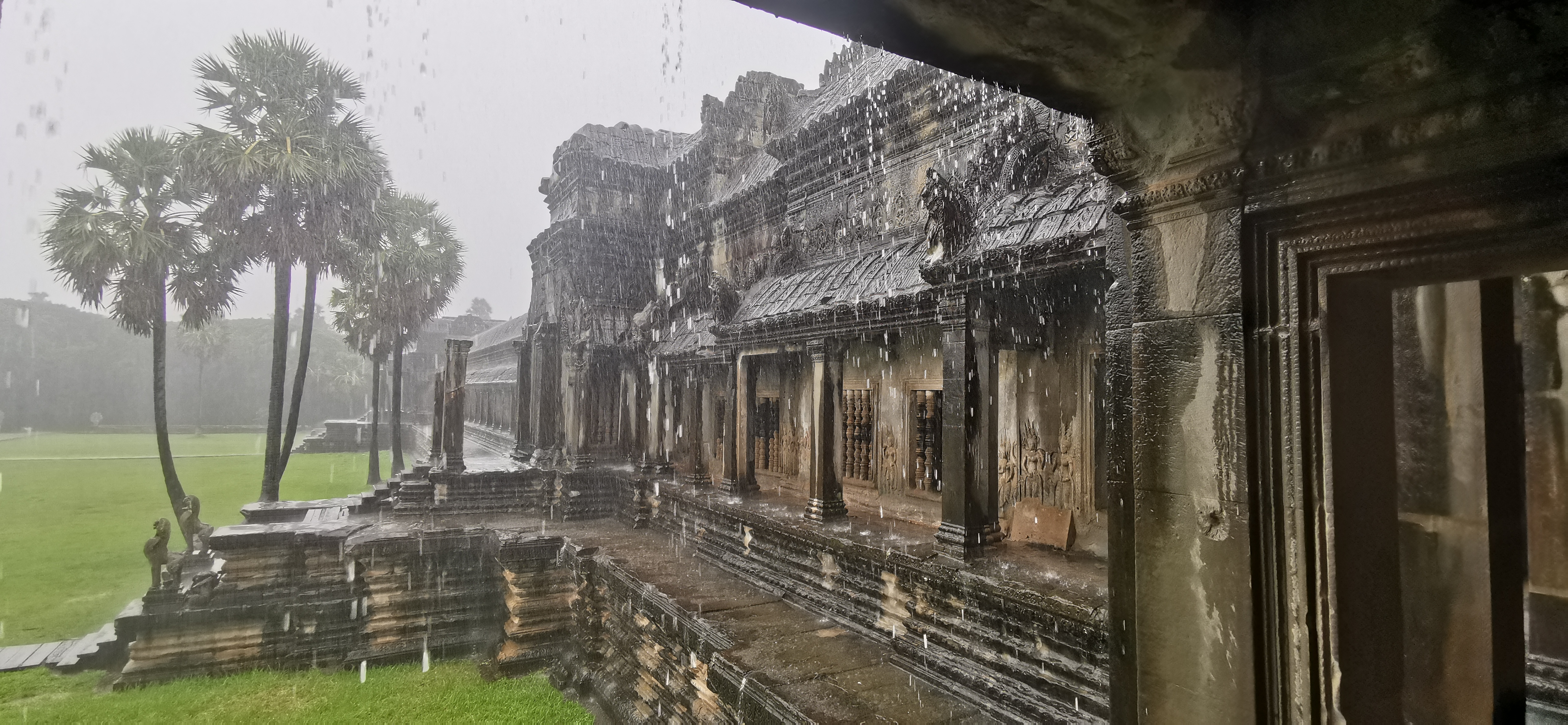 Raindrops drip from buildings in Angkor Archaeological Park in Siem Reap, Cambodia. /CGTN