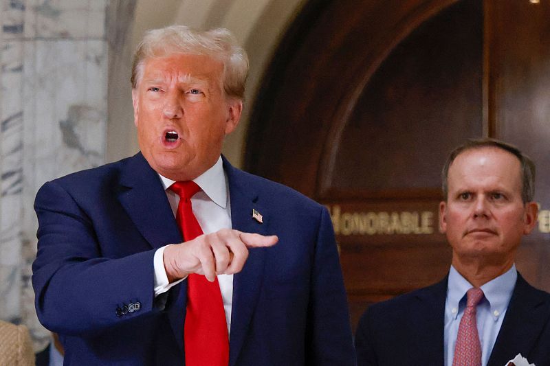 Former U.S. President Donald Trump speaks to members of the media during the third day of his civil fraud trial in New York, U.S., October 4, 2023. /CFP