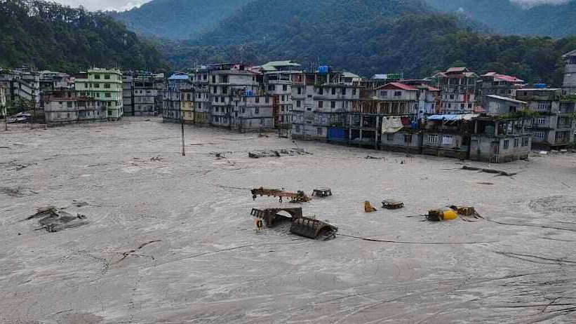 Buildings are inundated after flash floods triggered by sudden heavy rainfall swamped Rangpo town in Sikkim, India, October 6. 2023. /CFP