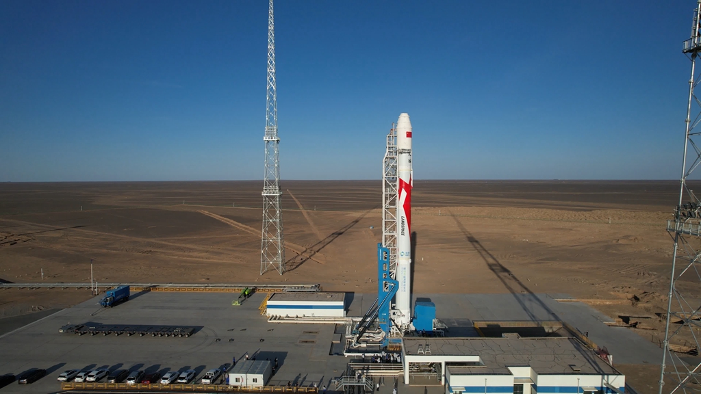 China's Zhuque-2 Y-2 rocket ready for launch at the Jiuquan Satellite Launch Center in northwest China's Gobi Desert in July 2023. /LandSpace
